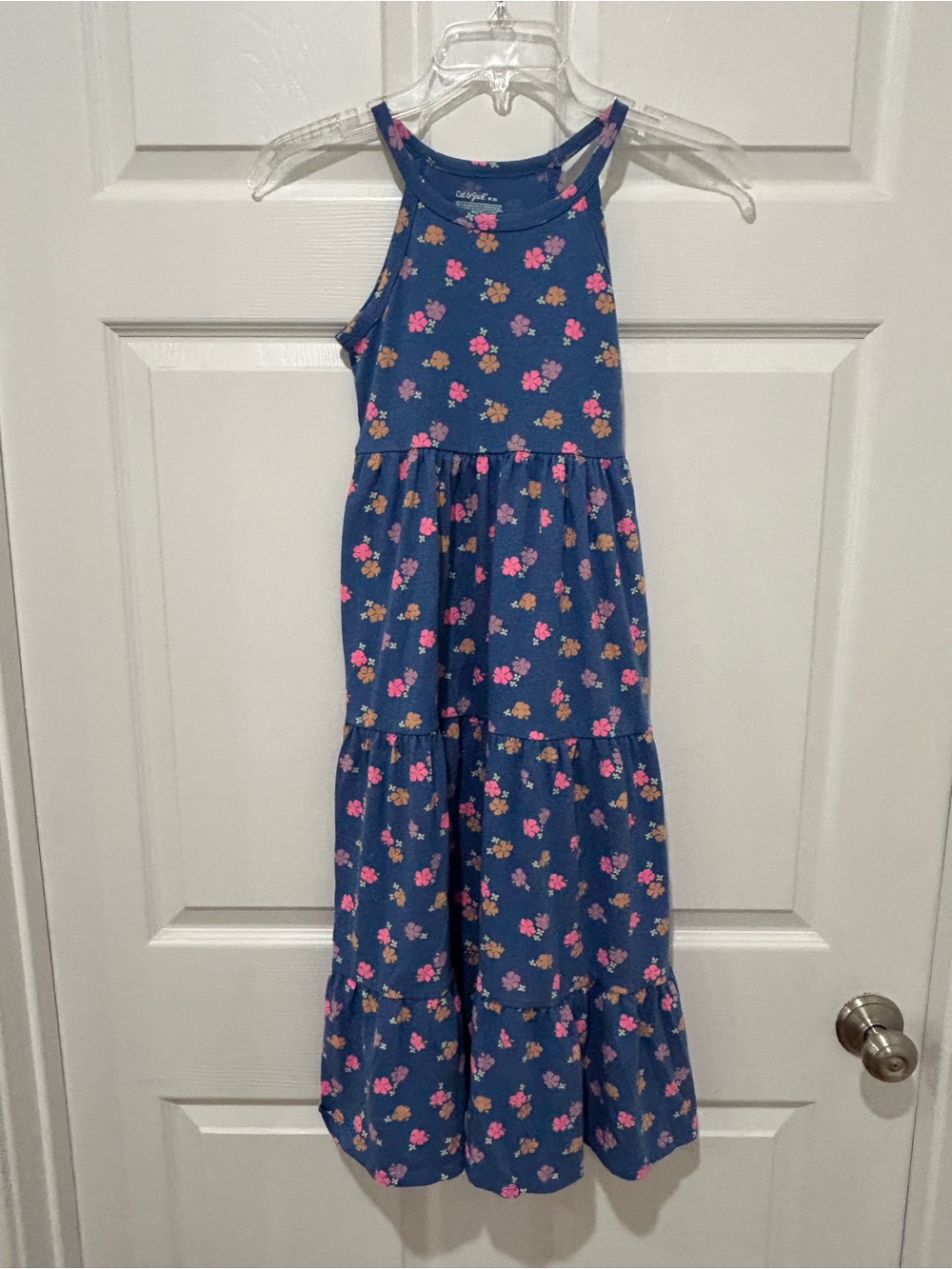 Kids Blue Floral Maxi Dress with Pink & Orange Flowers